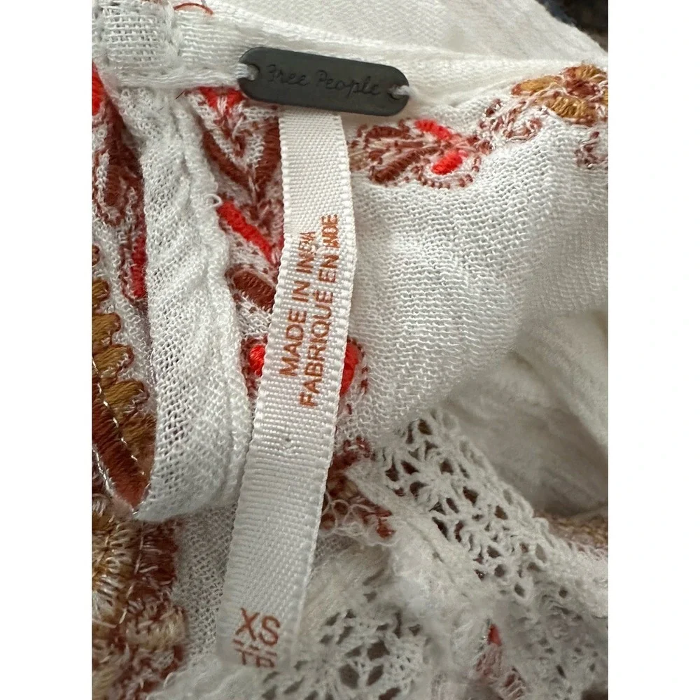 Free People Dress XS Sunrise Wanderer Mini Dress Embroidered Floral Boho Peasant